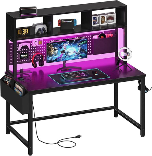 DLisiting Black Gaming Desk with Hutch and Pegboard - 47 Inch Gaming Desk with Shelves Storage Power Outlets, Computer Teen Work Study Writing Desks for Bedroom Home Office