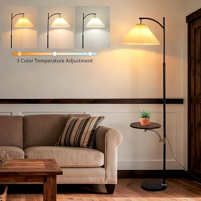 Floor Lamp with Table for Living Room, Tall Standing Lamps with Shelves, Height Adjustable Lamp Table Combo, Dimmable Corner Rustic Lamps with Tray for Bedroom Office, Bulb Included (Pleated Linen)