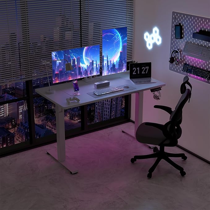 48" x 24" Electric Standing Desk, Adjustable Height Sit Stand Desk with 3 Preset Heights & 2 Hook, Electric Desk for Home Office Gaming, White
