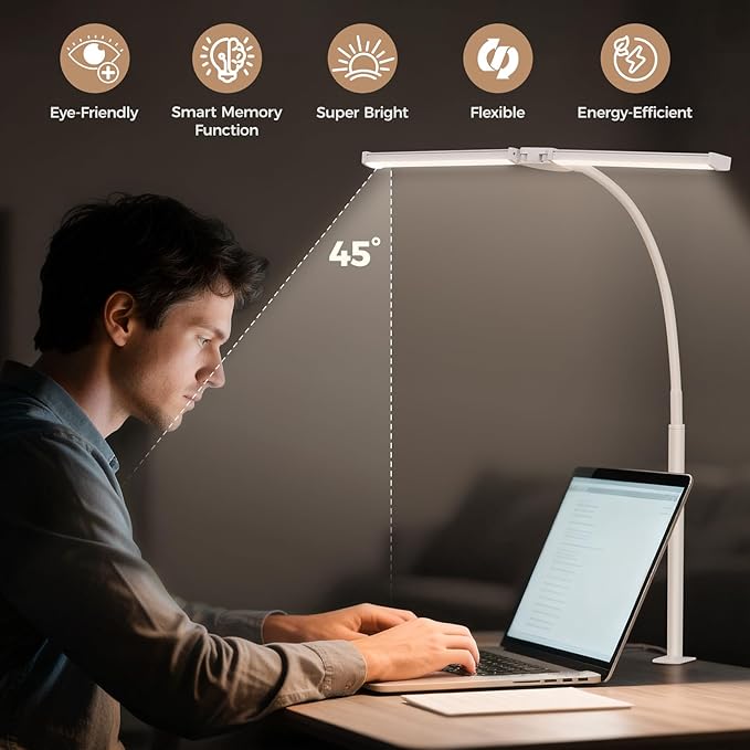 LED Desk Lamp for Home Office, Double Head Architect Light with Clamp, Computer Monitor Clip on Light, 3 Modes and 10 Brightness, Adjustable Flexible Goose-Neck, Table Task Lamp, White