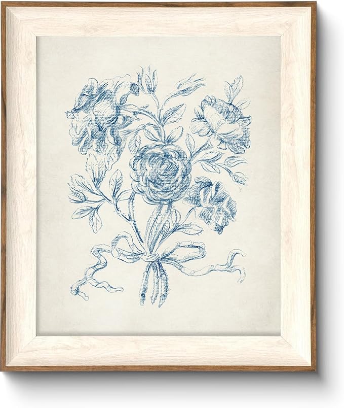 ASTRDECOR Framed Vintage Wall Art for Bathroom, Botanical Blue Wall Art for Home Decor Aesthetic, Victorian Blue Rose Bouquet Sketch Painting Floral Canvas Art Prints, Antique Flower Pictures for Living Room - 10''x12''