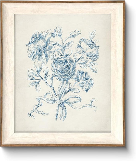 ASTRDECOR Framed Vintage Wall Art for Bathroom, Botanical Blue Wall Art for Home Decor Aesthetic, Victorian Blue Rose Bouquet Sketch Painting Floral Canvas Art Prints, Antique Flower Pictures for Living Room - 10''x12''