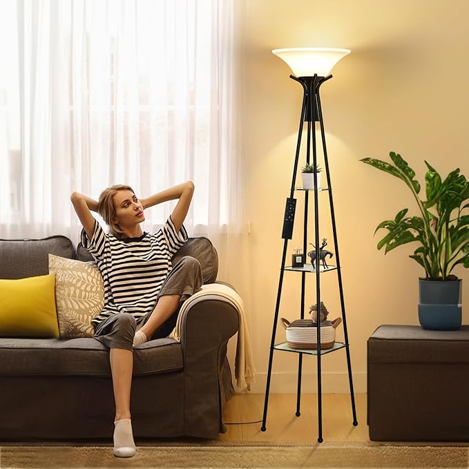 Floor Lamp with Shelves, 69” Tall Shelf Lamp with Remote Control, 3-Tier Glass Shelf Lamp, Dimmable Torchiere Floor Lamps for Living Room, Bedroom, Office, Adjustable Color Temperatures Bulbs Included
