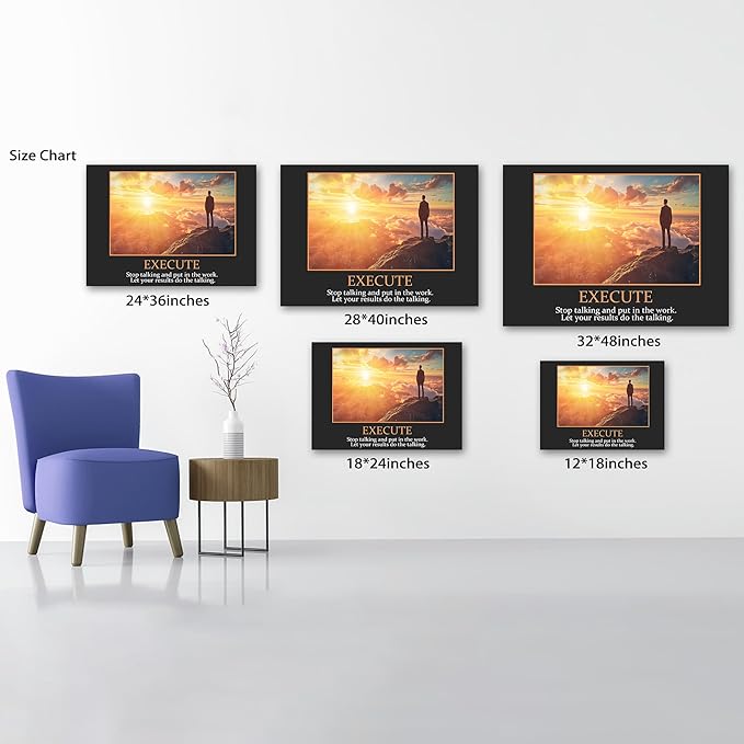UZMKM - Inspirational Canvas Wall Art, EXECUTE Mindset Quotes Picture Prints, Success Framed Company Watching Sunrise Poster, Positive Quotes Wall Painting for Home Office Workplace 24x36 Inch
