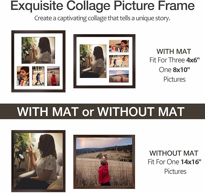 Golden State Art 14x16 Dark Brown Wood Picture Frame - White Mat for 8x10 and 4x6 Photos - Real Glass, Sawtooth Hanger, Swivel Tabs - Wall Mounting - Great for Posters, Weddings, and Engagements