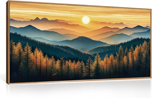 BICERE Large Abstract Sunrise Mountain Framed Canvas Wall Art,Boho Nature Forest Wall Decor,Foggy Pine Tree Wall Painting,Retro Landscape Artwork for Living Room,Bedroom,Dining Room,Office - 20"x40"x1