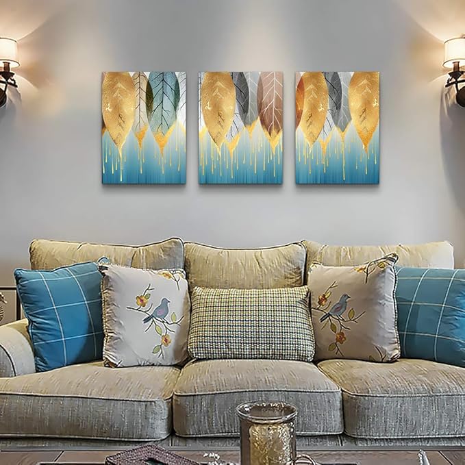 Fashion Wall Art for Living Room Family Wall Decor for Bedroom Modern Wall Decorations for Kitchen Canvas Art Golden Leaves Abstract Paintings Bathroom Hang Pictures Artwork Home Decoration 3 Pieces