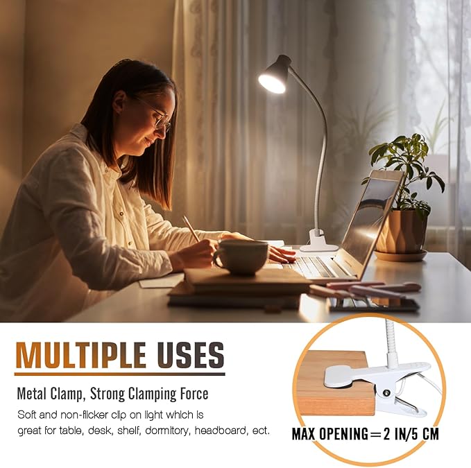 Clamp Desk Lamp, Clip on Reading Light, 3000K-6500K Adjustable Color Temperature, Multiple Illumination Modes, CRI>90, 6Watts (Adapter Included)