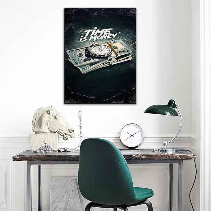 QYHART Inspirational Modern Pictures Canvas Print Vintage Painting Time is Money Nordic Wall Art Quotes Positive Poster Home for Living Room Decoration Framed Ready to Hang [24''W x 18''H]