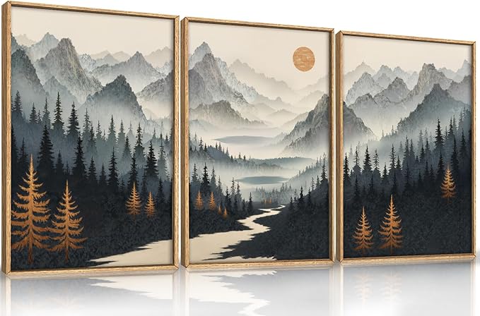 Ausril Watercolor Misty Forest Framed Canvas Wall Art Set, Foggy Mountain Wall Decor, Misty Pine Tree Wall Painting, Large Nature Landscape Art Prints for Living Room, Bedroom, Office - 24"X36"X3