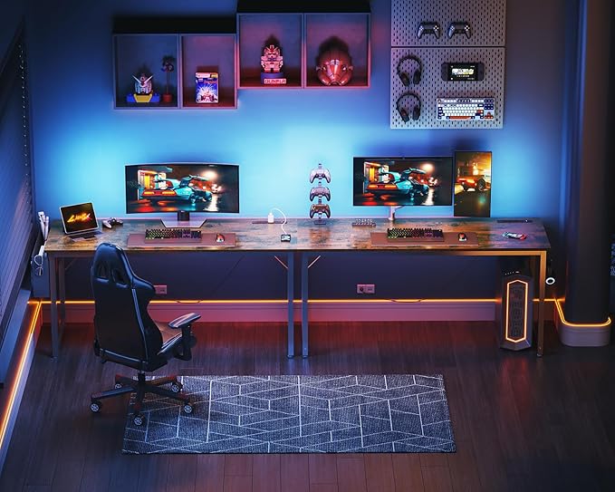 KKL Large Computer Desk with Power Outlets and USB Port Desk for Home Office Gaming Simple Modern Style Writing Desks with Storage Bag Headphone Hook, 55 inch, Rustic Brown