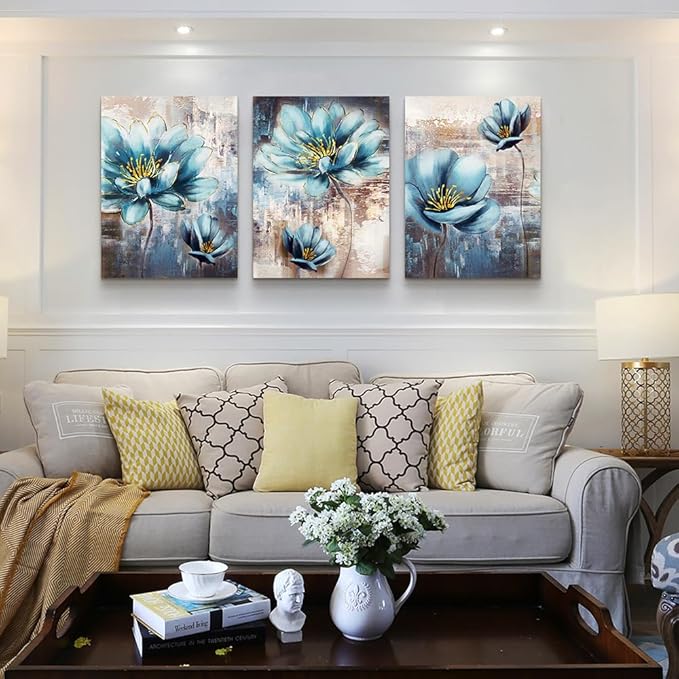 Lapremoly Large Size Canvas Wall Art For Living Room Family Wall Decor For Bedroom Abstract Blue Flowers Paintings Office Decor Modern Wall Decorations For Kitchen Pictures Artwork 20" X 28" 3 Piece