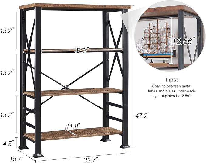 HOMBAZAAR 4 Tier Bookshelf, Industrial Book Shelf with Metal Frame and Open Shelves, Rustic Bookshelves and Bookcases, Heavy Duty Bookcase for Living Room, Bedroom and Home Office, Brown
