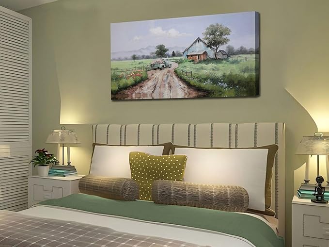 Arjun Landscape Wall Art Canvas Farmhouse Pictures Wall Decor for Living Room, Nature Farm Painting Green Countryside Barn Bedroom Picture Artwork Framed Home Office Wall Decor, Large 48"x24"