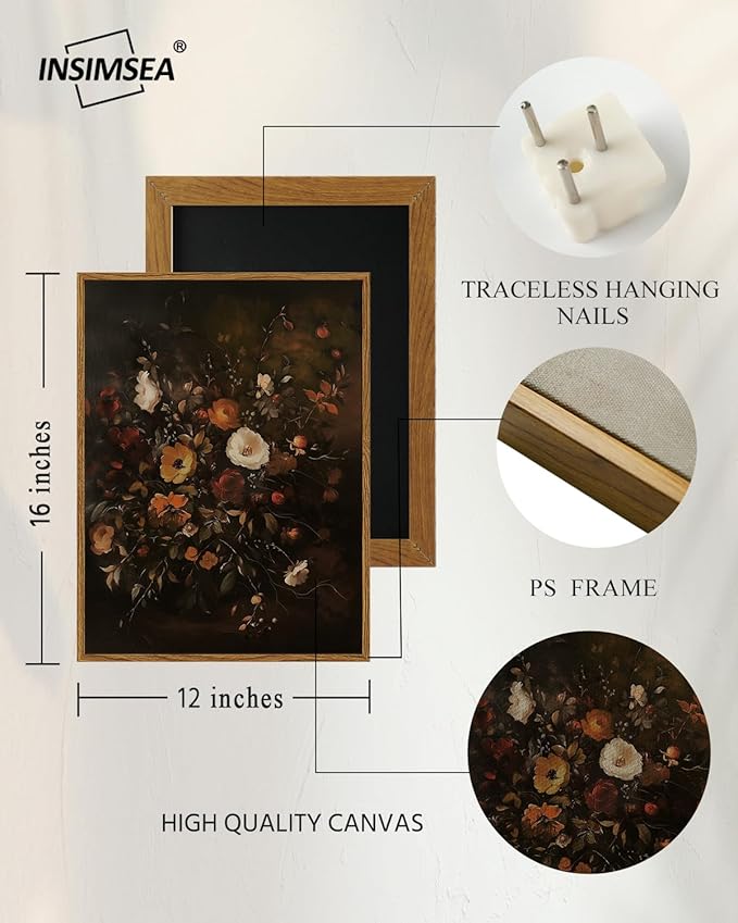 InSimSea Framed Canvas Prints Art Vintage Decor, Classical Fall Wildflower Floral Painting, Rustic Dark Autumn Flower Wall Art for Living Room Bedroom Home Bathroom Wall Decor, 12x16inch