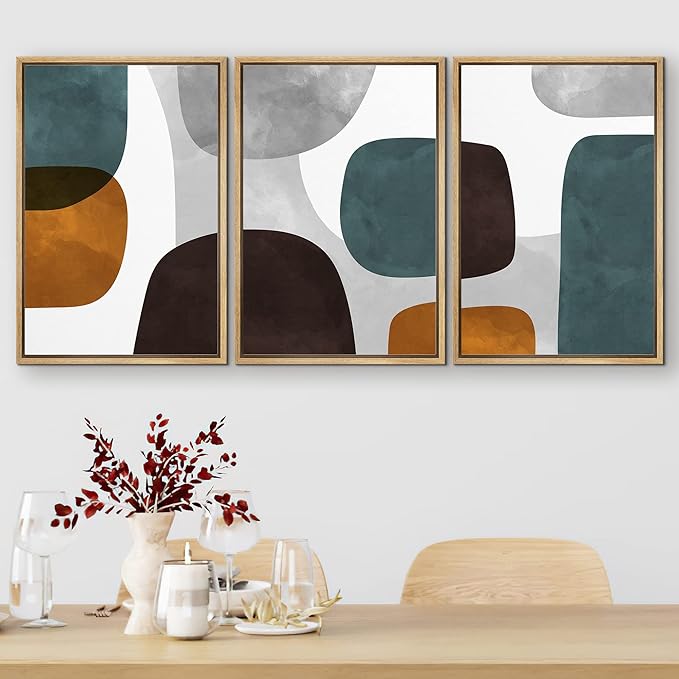SIGNFORD Framed Wall Art Print Set Pastel Watercolor Geometric Blots Shape Abstract Illustrations Modern Decorative Multicolor Relax/Calm Chic for Living Room, Bedroom, Office - 24"x36"x3 Natural