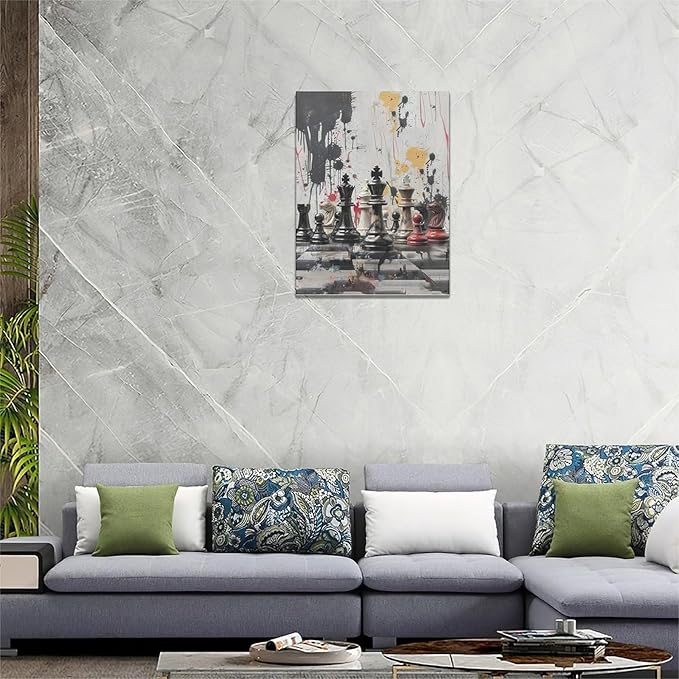 Chess Wall Art Intelligence Game Room Pictures Wall Decor Graffiti Chess Challenge Canvas Painting Print Home Modern Artwork Decorations Framed for Bathroom Living Room Bedroom Office 12 x 16 inch