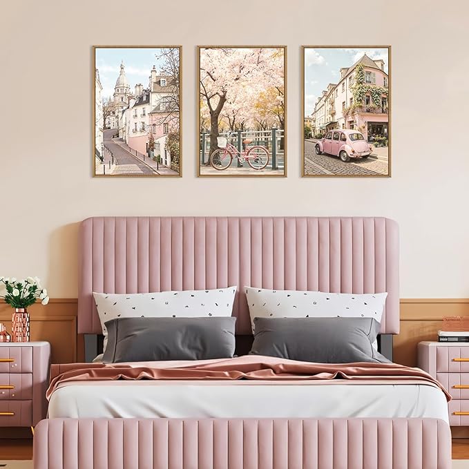 Ausril Italy Pink Cityscape Framed Canvas Wall Art Set, Romantic Flower Street Wall Decor, Vintage Travel City Wall Painting, Italian Pink Bike Art Prints for Living Room, Bedroom, Office - 16"X24"X3