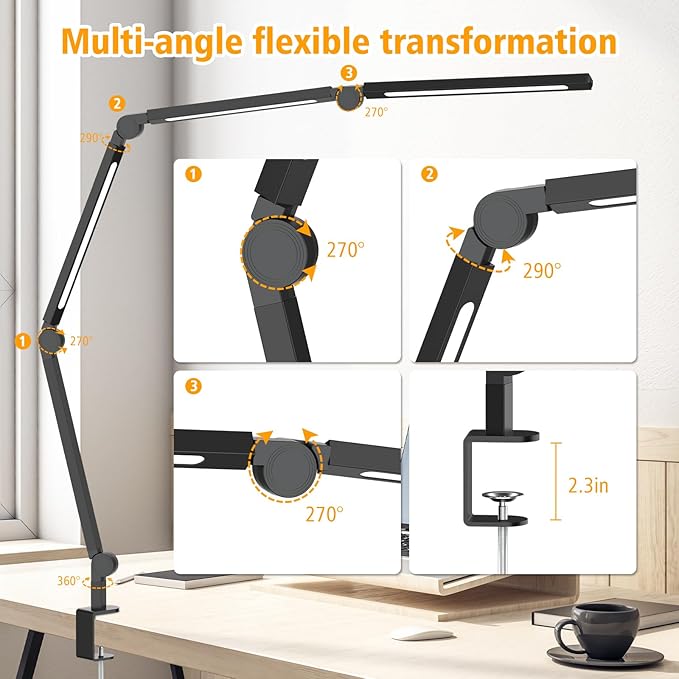 AILBTON Bright LED Desk Lamp with Clamp,Eye Caring Architect Led Desk Lights with Adjustable Swing Arm for Office Home,Dimming and Tempering Led Table Light