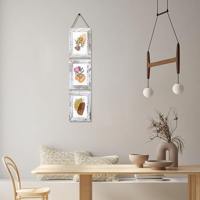 Lavezee 4x6 Collage Hanging Triple Picture Frames Set, 6 Opening Distressed White Vertical Frame Made to Display 4 by 6 Inch Photo Prints for Wall Decor