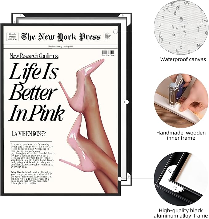 Trendy Baby Pink Hot Girl Poster Life Is Better In Pink Newspaper Wall Art Retro High Heel Picture 70s News Headline Canvas Prints Aesthetic Decor for Girly Bedroom Dorm 12x16inch Aluminum Framed
