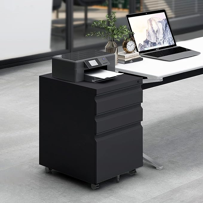 3 Drawer File Cabinet with Lock, Steel Mobile Filing Cabinet on Anti-tilt Wheels, Rolling Locking Office Cabinets Under Desk for Legal/Letter Size (Black)