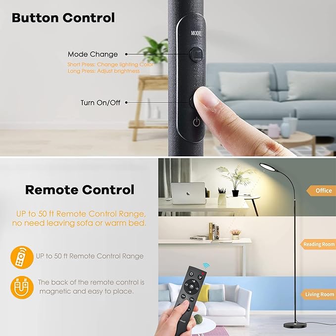 LED Floor Lamps with Remote Dimmable Timing Eye Care Standing Reading Lamp for Living Room Bedroom Office