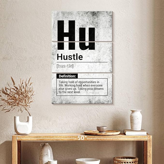 Elephant Stock - Hustle Definition Grunge Wall Art - Vertical Multi Panel Canvas - 3 Piece Living Room Wall Decor - Digital Art Inspirational And Typography Multi Piece Wall Art - Black And Gray Decor - 24" x 38"