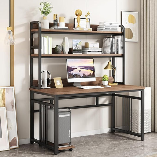 Computer Desk with Storage Shelf, Executive Office Desk, Small Study Deskm, Sturdy Writing Workstation Gaming Table, for Home Study(Brown,100x60cm/39.4x23.6in)