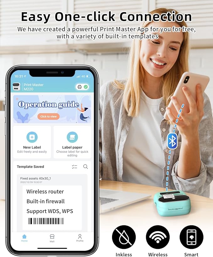 Phomemo M220 Label Maker Green & 1 Roll White Thermal Label 2.25"x1.25"(57x32mm), Upgrade 3 Inch Barcode Portable Printer, for Office & Small Business, Compatible with Phones&PC