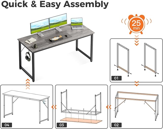 Casaottima 54 Inches Small Computer Desk, Work Study Table for Home Office, Kids Student Writing Desk with Headphone Hooks, Grey