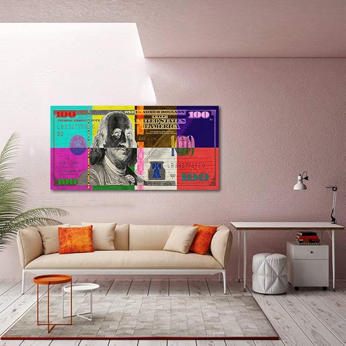 Color Money Canvas Paintings Wall Art Vivid Colorful 100 USD Print Abstract Creative Benjamin Franklin Hundred Dollar Bill Artwork Modern Home Office Decoration, Framed & Easy to Hang-48 Wx24 H