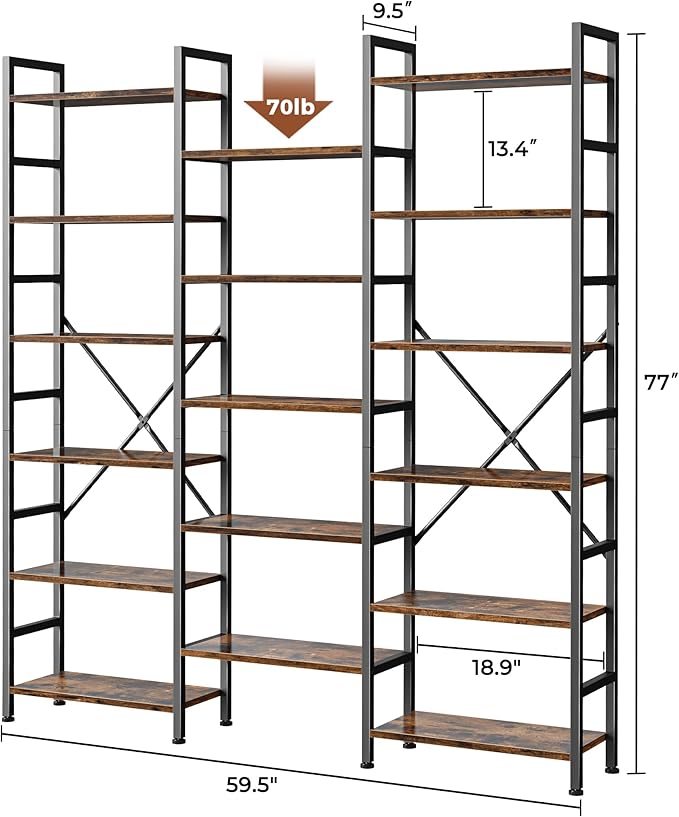SUPERJARE Triple Bookshelf, Bookcase with 17 Open Display Shelves, Wide Book Shelf Book Case for Home & Office, 6 Tier, Brown
