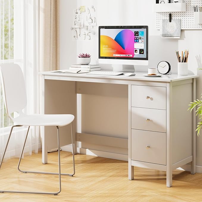 Tangkula White Desk with Drawers, Modern Home Office Computer Desk with Storage Drawers & Spacious Desktop, Compact Writing Study Desk Laptop Desk for Bedroom, Multipurpose Workstation