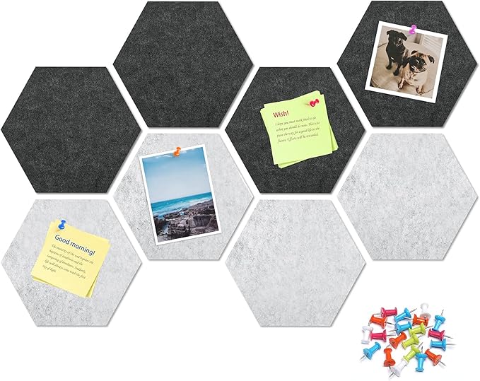 8 Pack Hexagon Felt Bulletin Board Tiles - 11.8" Large Thick Pin Board for Walls with 30 Push Pins, DIY Boards for Office Home School Decor, Aesthetic Hex Cork Board Alternative