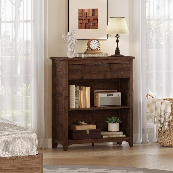 BON AUGURE Rustic Bookshelf Bookcase, Wood Book Shelf with Drawer, 3 Tier Book case for Small Space, Low Book case for Living Room, Home Office, Bedroom (Rustic Oak)
