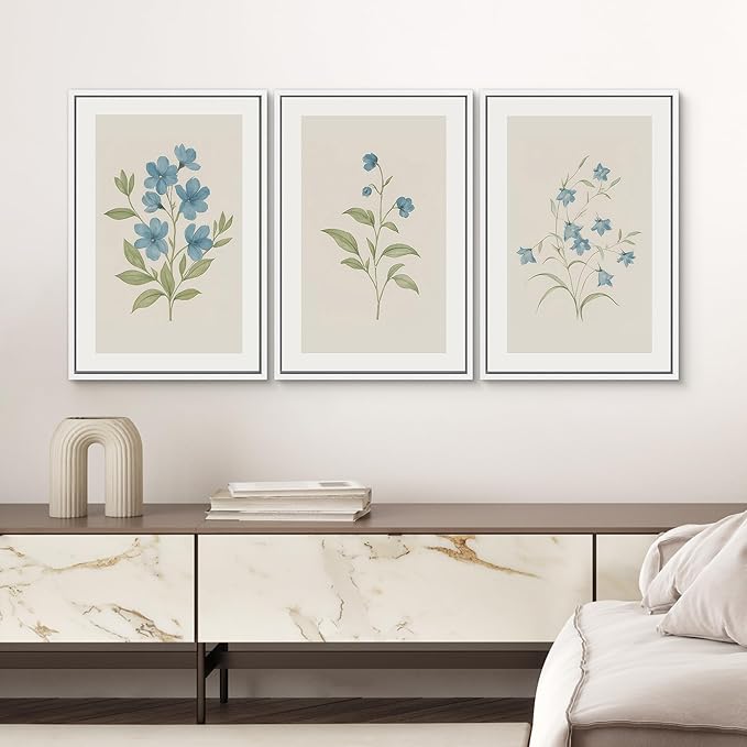 SIGNWIN Framed Canvas Print Wall Art Set Blue Floral Botanical Vintage Wildflower Illustrations Modern Art Decorative Nordic Abstract for Living Room, Bedroom, Office - 16"x24"x3 White