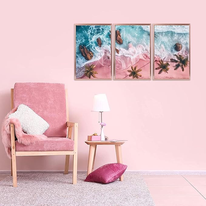 3Pcs Pink Beach Canvas Wall Art Tropical Coastal Palm Trees Wall Decor Pictures Preppy Ocean Wave Landscape Posters Prints for Living Room Bedroom Teen Girls Room Artwork Home Decoration Unframed