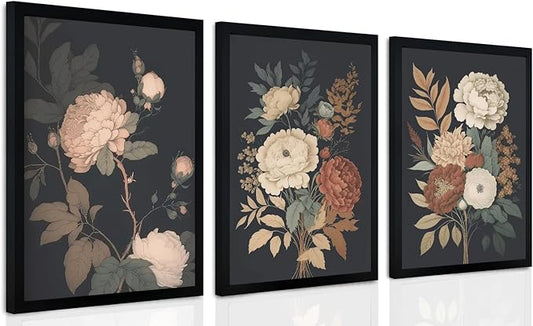 Wall Art Floral Prints Set of 3 Vintage Botanical Wall Decor for Living Room Bedroom Office Art Prints 16x24 Inches Wood Framed Easy to Hang