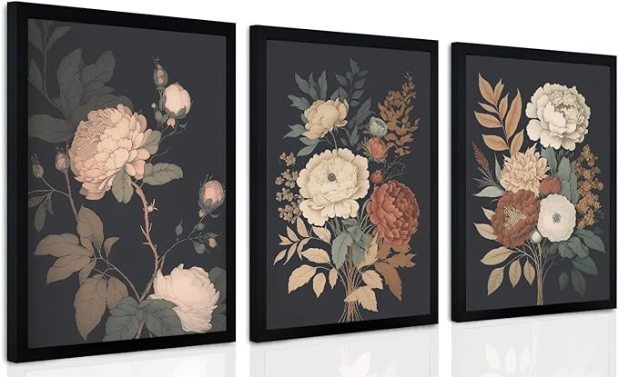 Wall Art Floral Prints Set of 3 Vintage Botanical Wall Decor for Living Room Bedroom Office Art Prints 12x16 Inches Wood Framed Easy to Hang