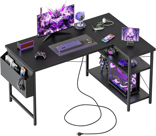Mericonia Small L Shaped Computer Desk with Power Outlets, Reversible Gaming Desk with Storage Shelves, Corner Gamer Desk Table, Study Writing Table