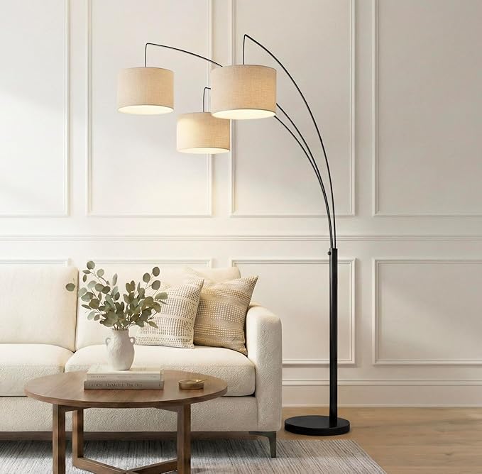 Brightech Trilage Arc Floor Lamp - Large Standing Lamp with 3 Fabric Shades & LED Bulbs for Living Room Over the Sofa, Reading, Multi-Head Traditional Tree Floor Lamp for Bedroom - Black