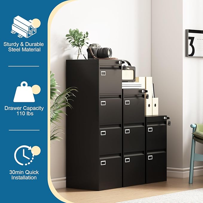3 Drawer File Cabinet with Lock, Metal Vertical Filing Storage Cabinet, Black Filing Cabinets for Home Office, Narrow File Cabinet Locked for A4/F4/Letter/Legal, Easy Assemble