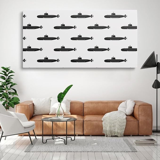 Retro Submarine Framed Canvas Wall Art for Office, Black White Vintage Wall Decor 48" L x 24" W