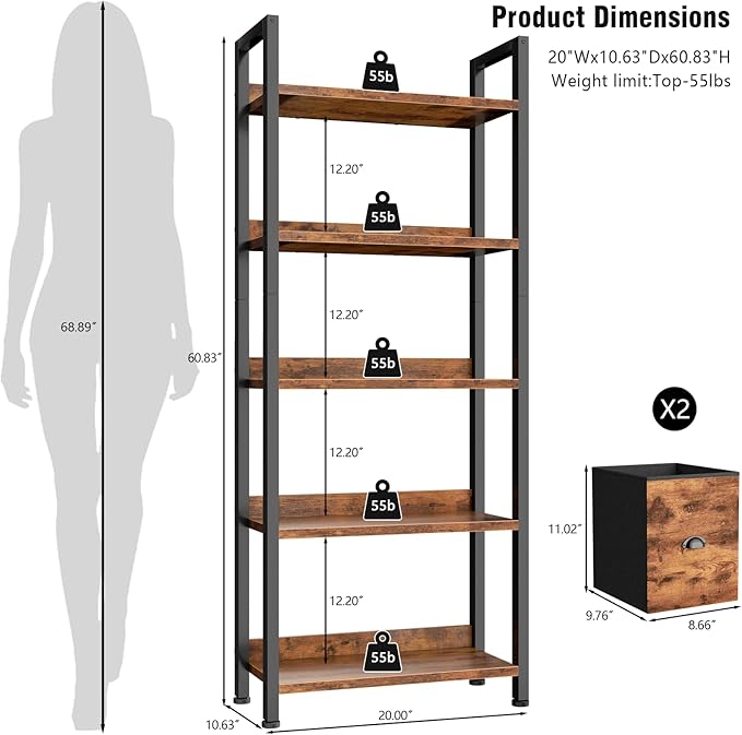 Furologee 5-Tier Bookshelf, Tall Bookcase with 2 Storage Drawers, Industrial Standing Storage Shelf, Wood Metal Display Rack for Living Room Bedroom Home Office, Rustic Brown