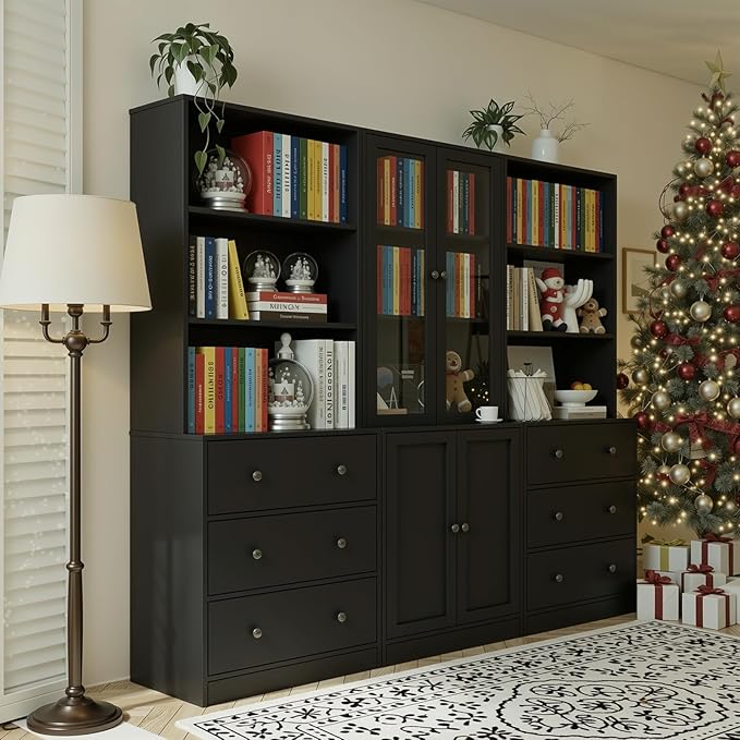 TUSY 71" H Bookshelf with Storage, 6-Tier Modern Bookshelves with 3 Large Drawer, Display Bookcase with Glass Doors, Modern 5-Tier Curio Cabinet for Home Office, Dining Room (Black, BAB)