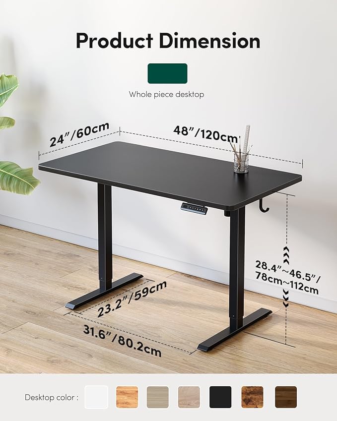 CubiCubi 48 x 24 Large One-Piece Standing Desk, Adjustable Height Electric Computer Home Office Sit Stand up Workstation, with 4 Memory Presets, Headphone Hook, Black