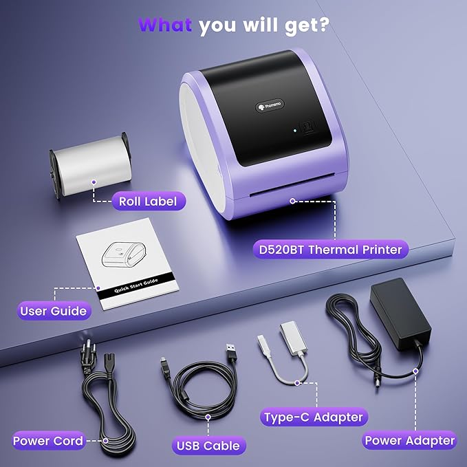 Phomemo D520BT Bluetooth Thermal Label Printer, 4X6 Wireless Shipping Label Printer Build-in Holder, Thermal Label Maker for Shipping Package, Compatible with Amazon, USPS, Shopify, Purple