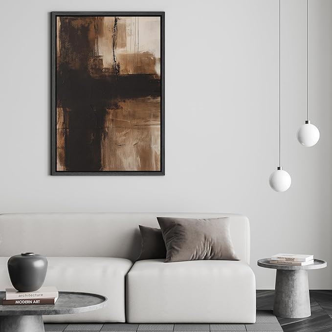 SIGNFORD Framed Canvas Print Wall Art Brown and Black Abstract Cross Brushstroke Illustrations Digital Art Modern Art Decorative Multicolor Rustic Minimal for Bedroom - 16"x24" BLACK
