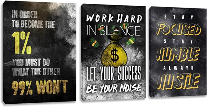Motivational Canvas Wall Art Inspirational Success Quotes Wall Art Retro Black White Poster Hangs Picture Hustle Canvas Painting Artwork for Office Bedroom Living Room Workplace (36''Wx 16''H)